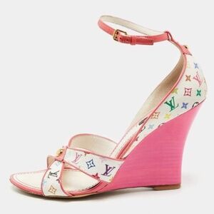 LOUIS VUITTON Monogram White & Pink Canvas & Patent Leather Ankle Strap Wedges